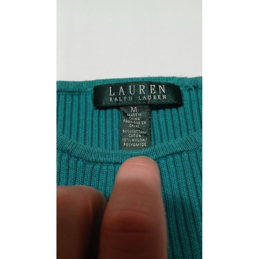 Lauren Ralph Lauren Rib Knit Sweater Women Medium Green Black Stripe Gold Button - Picture 4 of 8